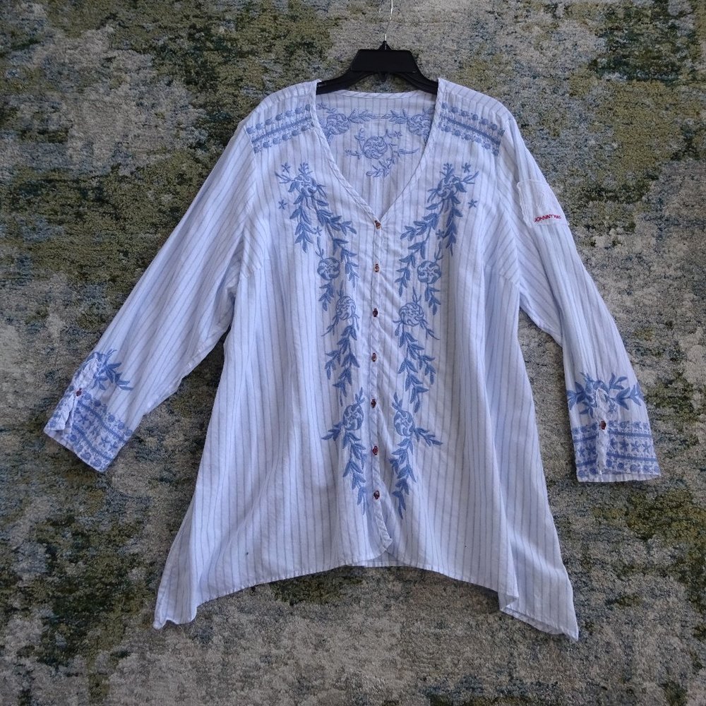 JOHNNY WAS blue white stripe EMBROIDERED top 3X B52" 3J Workshop